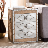 Baxton Studio MS17A014-Light Brown-Chest Audric French Industrial Brown Wood and Silver Metal 3-Drawer Accent Chest